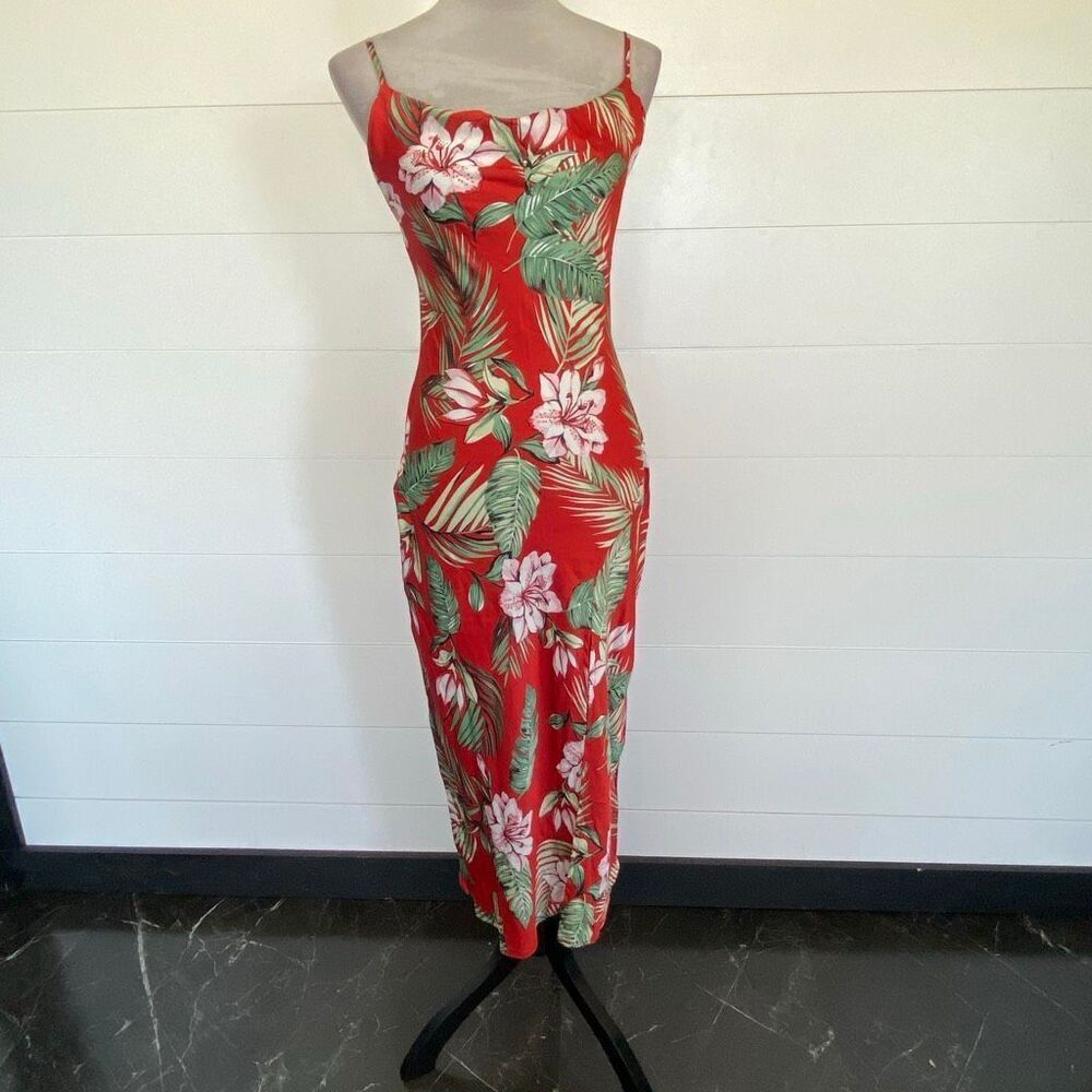 Red Tropical Floral Slip Dress with Green Leaf Print Sz XS NWT